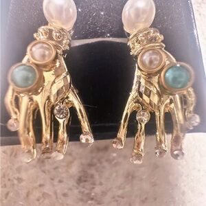 Artisan Gold and Blue Earrings with Figurative Design